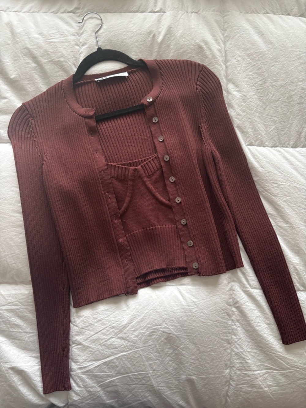 Zara Two-Piece Ribbed Cardigan and Tank - Brick Brown